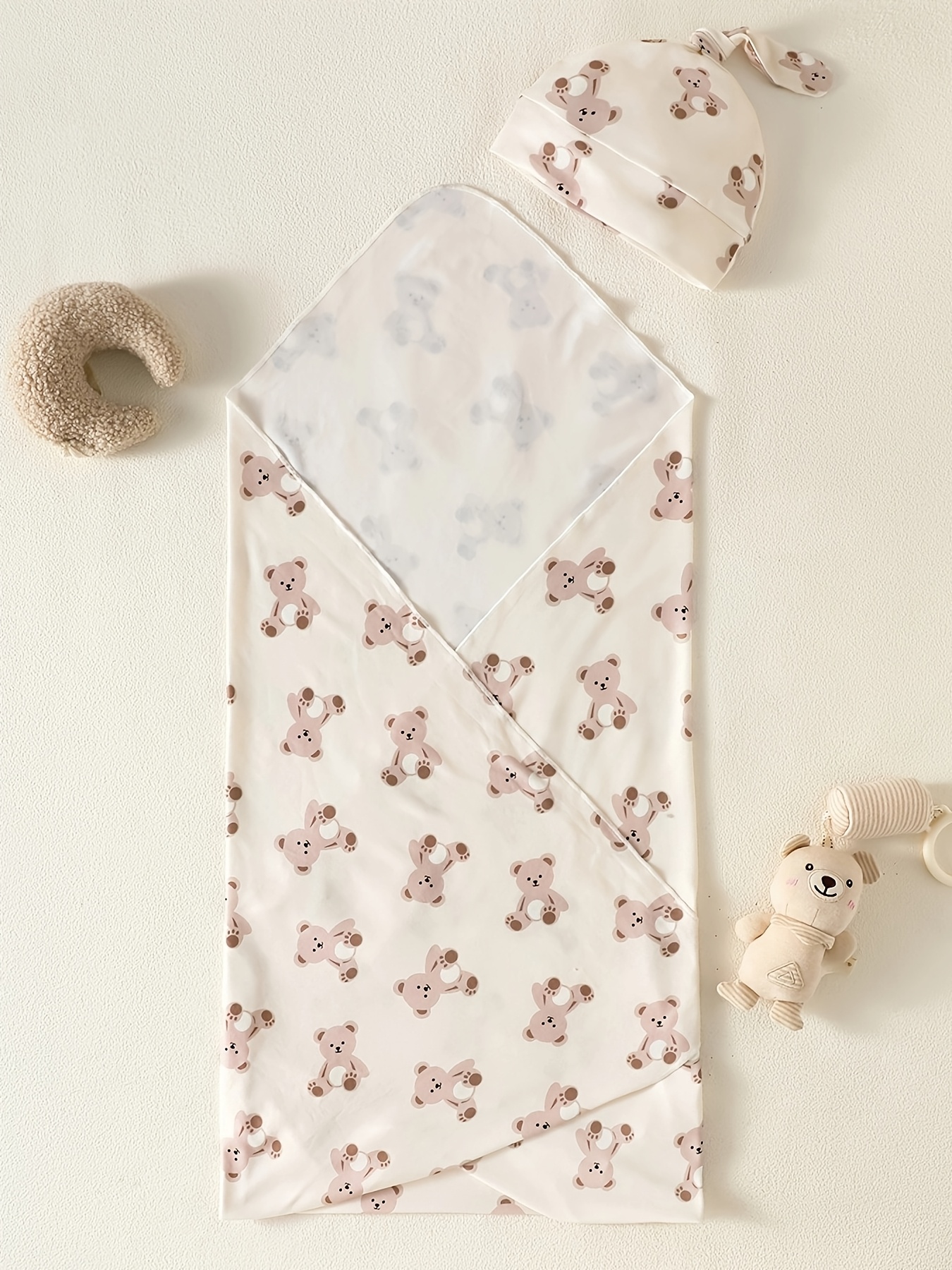 Baby Boy 2pcs Set, Cute Bear Print Swaddle and Cap