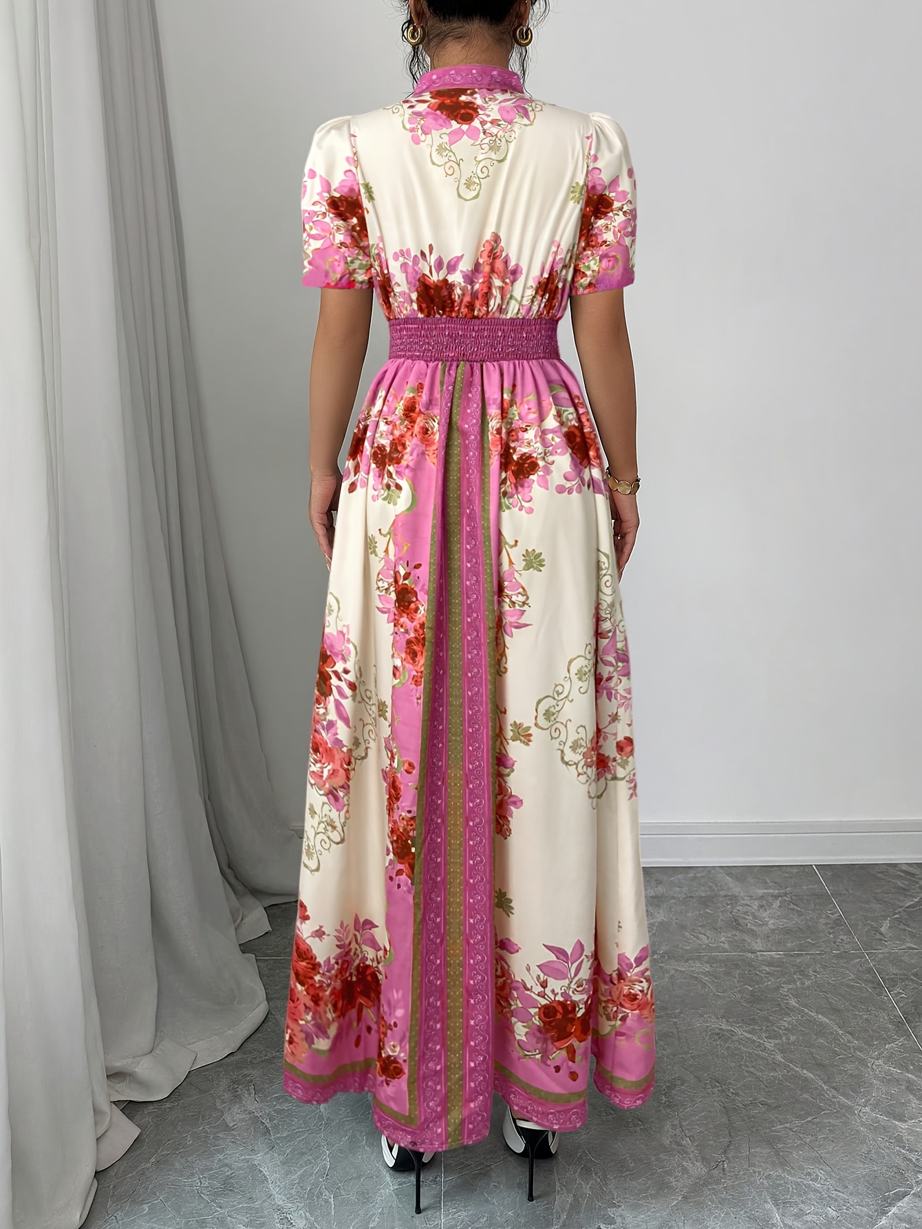 womens floral print elegant a line dress with stand up collar puff short sleeves machine washable summer long dress with side   regular fit for casual formal occasions cute dresses Product details 6