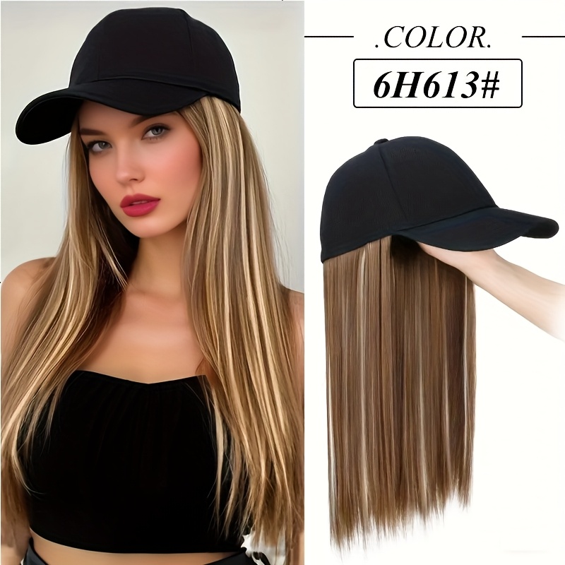 TEMU Women's Adjustable Baseball Wig - Long Straight Black Synthetic Hair Extension, Y2k Style Design, One-size- For All , Wig , Casual Headwear, Straight Hairpiece,