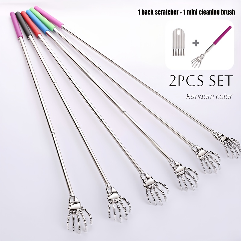 TEMU 2pcs Set - 1 Stainless Steel Retractable Back Scratcher And 1 Mini Cleaning Brush, Portable Reliever, Keyboard Cleaning Brush, Mini Crevice