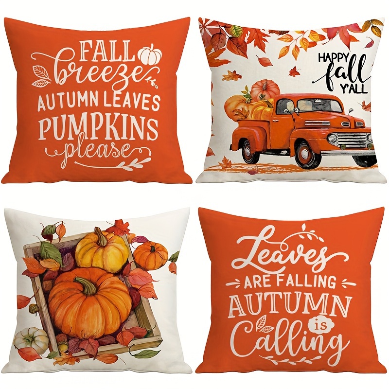

4-piece Autumn Throw Pillow Covers 18x18 Inch - Happy Fall Y'all & Leaves Are Falling Designs, Orange Thanksgiving Decor With Pumpkins, Linen Blend Cushion Cases For Sofa And Farmhouse