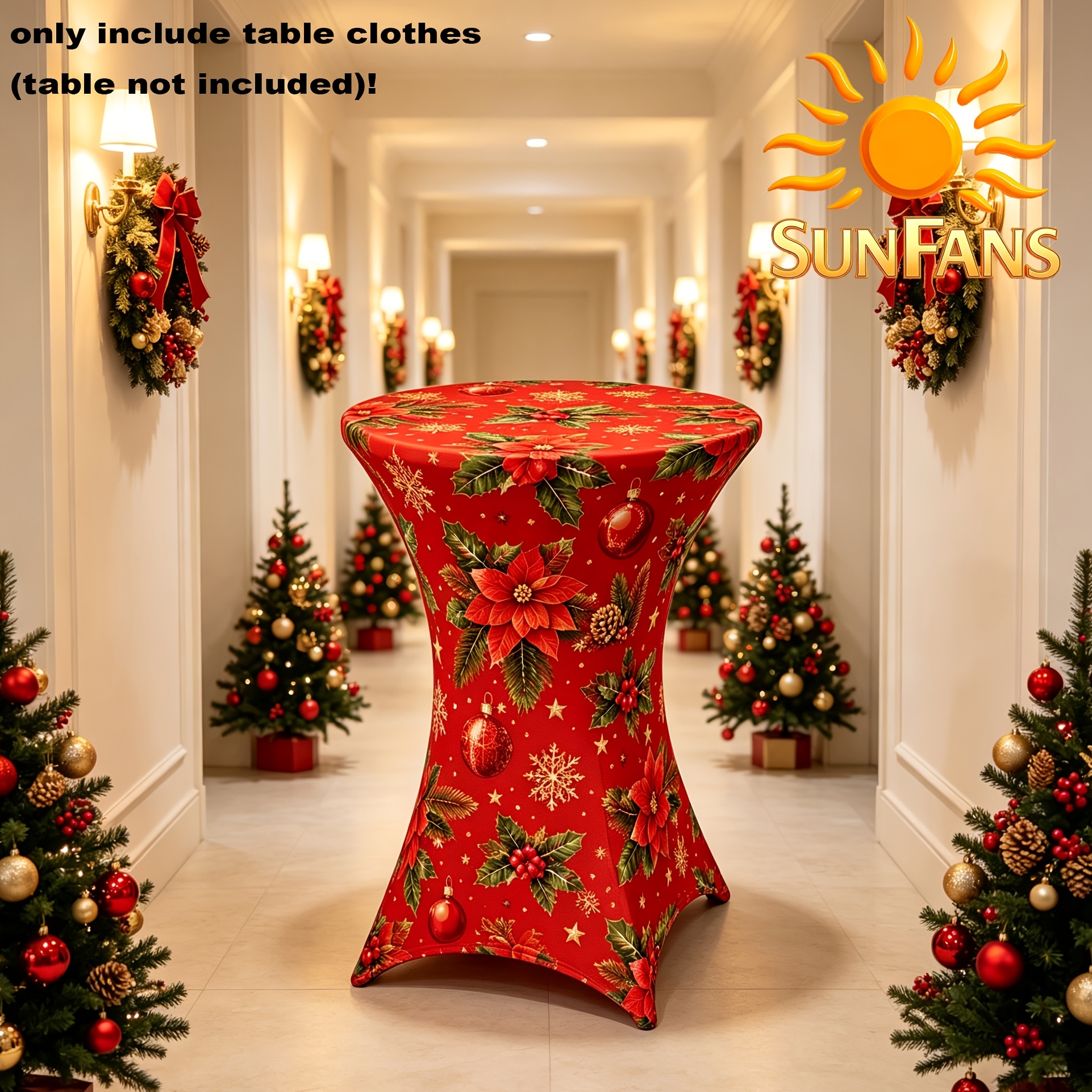 TEMU 1pc Sunfans Red Poinsettia Christmas Ball Snowflake Stretch Cocktail Table Cover 24 Inch Elastic Spandex Fitted High Top Tablecloth, Washable