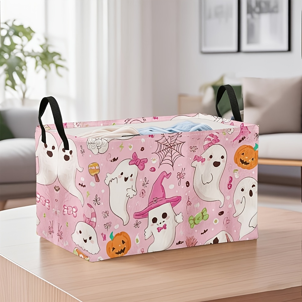 TEMU 1pc, Pink Cute For Halloween Boo Pattern Square Foldable Storage Basket, Durable Oxford Fabric Bin For Halloween Costume Additions, Fall Themed