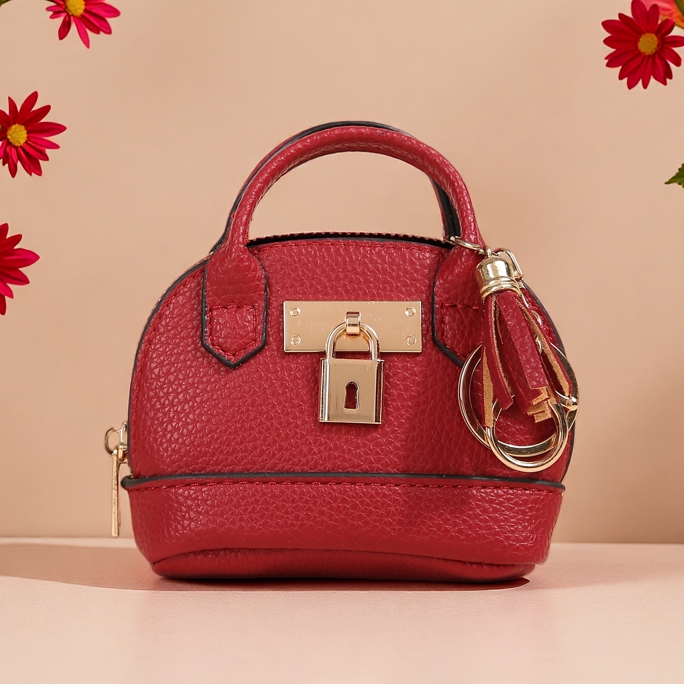 TEMU Trendy Half- Small Bag, Mini Portable Coin Purse Made Of High-quality Materials, Featuring A Decorative Lock, Smooth Zipper Closure, Tassel