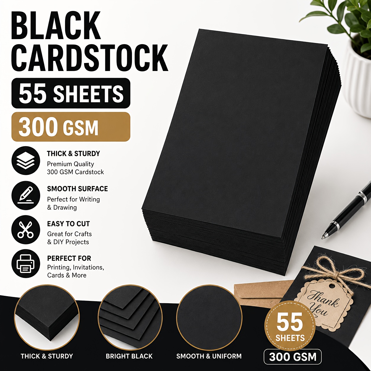 TEMU 55 Sheets Mandik Heavyweight Black Cardstock Paper - 300gsm Thick Suitable For Printing, Invitations, Card Making, Scrapbooking, Diy Crafts,
