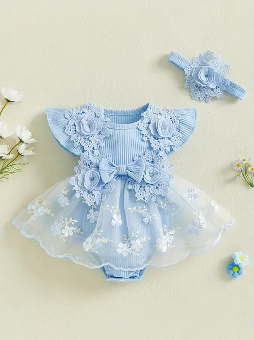 baby girl 2pcs summer outfits fly sleeve floral embroidered romper tulle dress with headband set