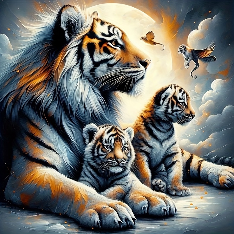 

Animal Theme Diamond Painting Kit - 5d Full Drill Round Acrylic Diamond Art Embroidery, Diy Tiger And Cubs Diamond Painting Craft Set, Frameless 50x50cm Wall Decor & Gift