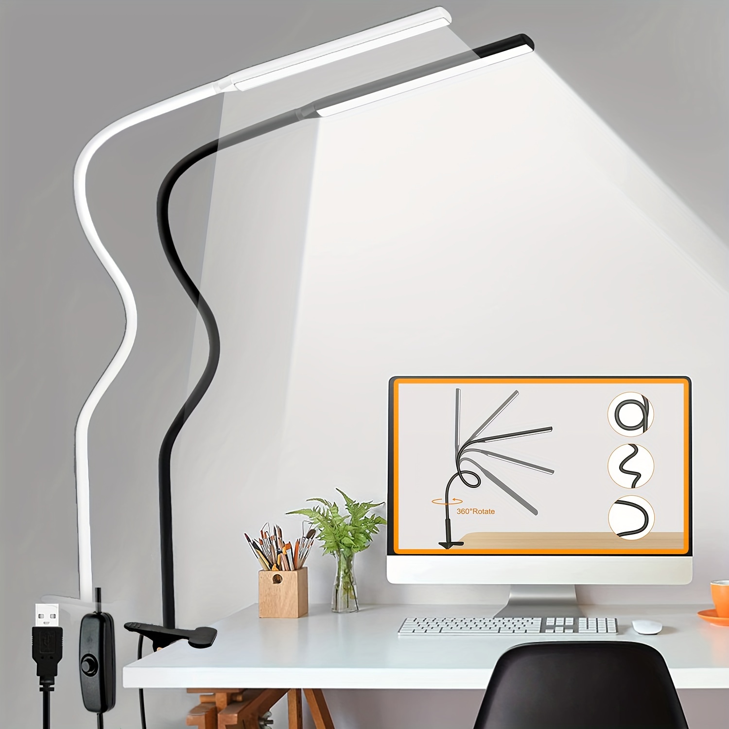 

Lampe de bureau LED à intensité variable avec commande tactile, bras pivotant et pince réglables, lampe de travail pour le soin des yeux avec USB, design poli