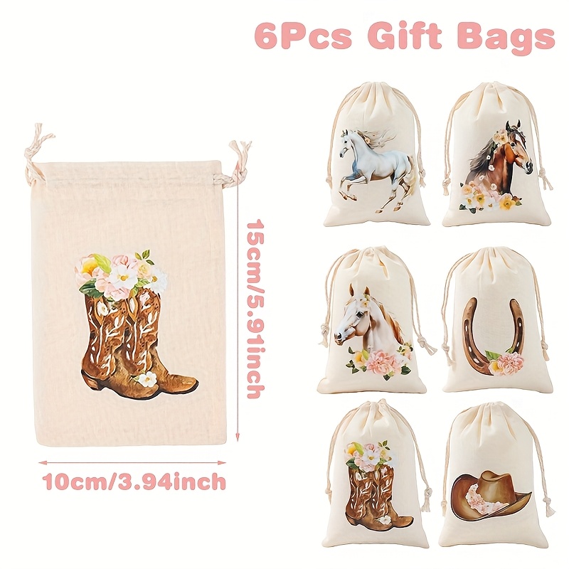 E-shop 6 Stück, Western-Cowboy-Thema Geschenkbeutel mit Zugband, 10*15 cm, Pferde-Blumen-Stiefel-Muster Geschenktüten, Happy Birthday Party-Deko, Baby