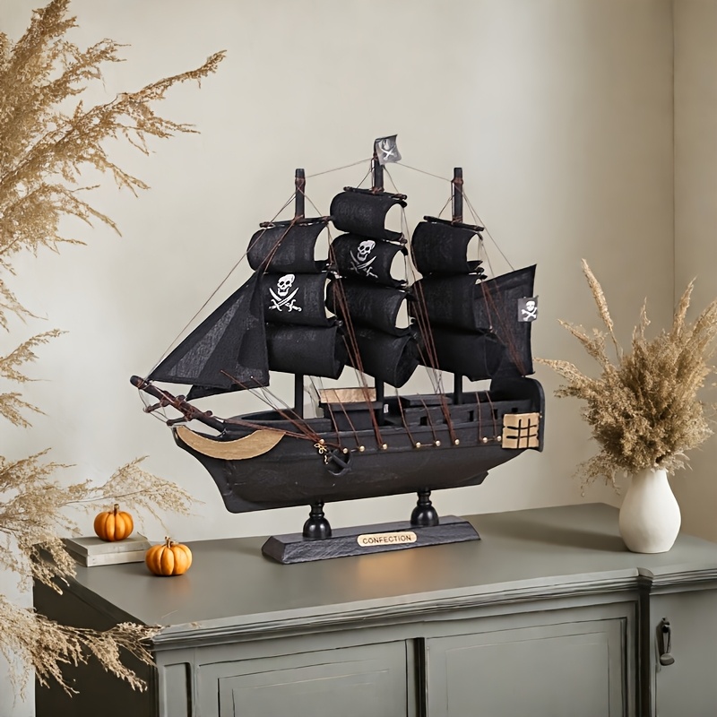 

1pc Vintage Pirate Ship Wooden Model - Nautical Sailboat Decor With Black Hull & White Flags, Ideal For , Indoor/outdoor Use, No Power Required, Nautical Decor