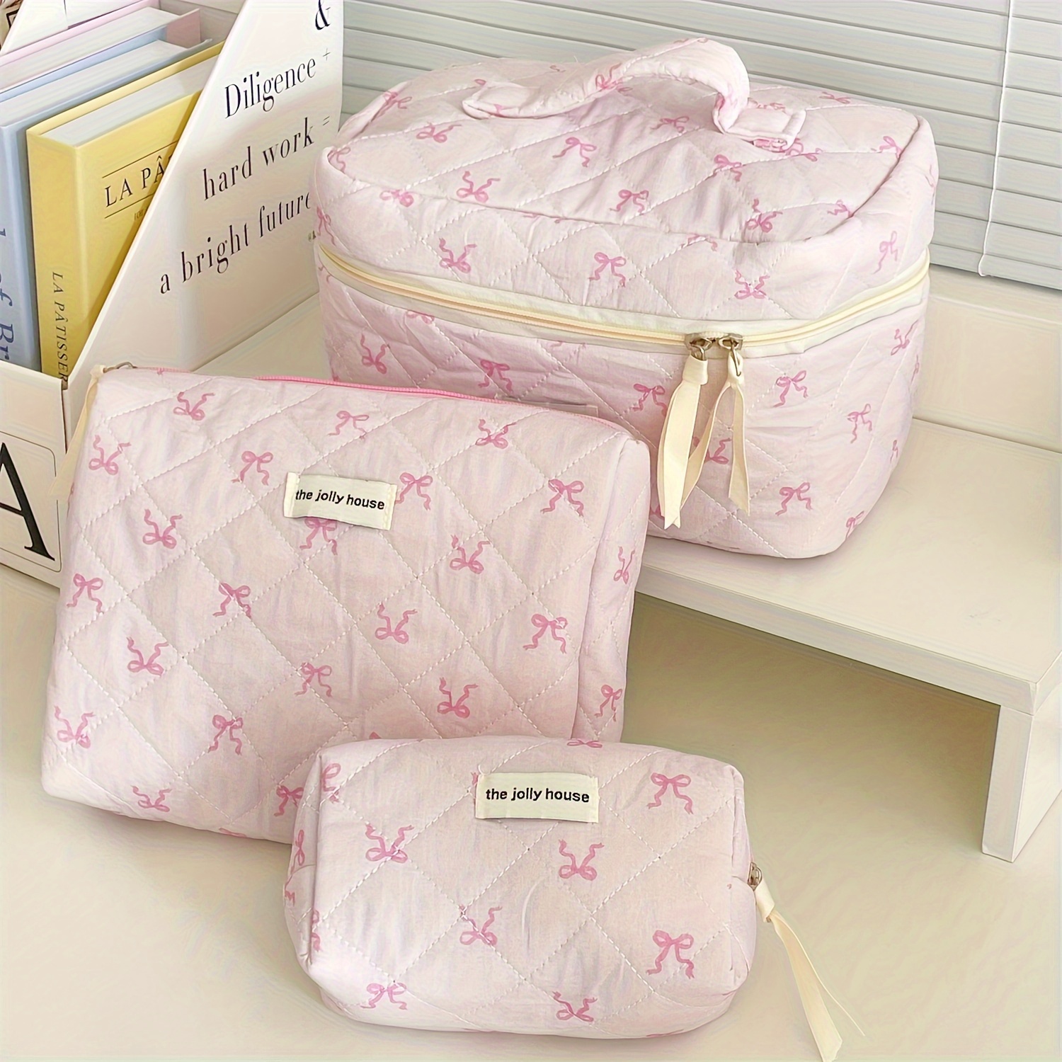 

3-piece Ribbon Bow Cosmetic Bag Set For Women - Polyester Travel Makeup Pouches With Large Capacity, Non-waterproof, Unscented - Knot Design Beauty Organizer Cases