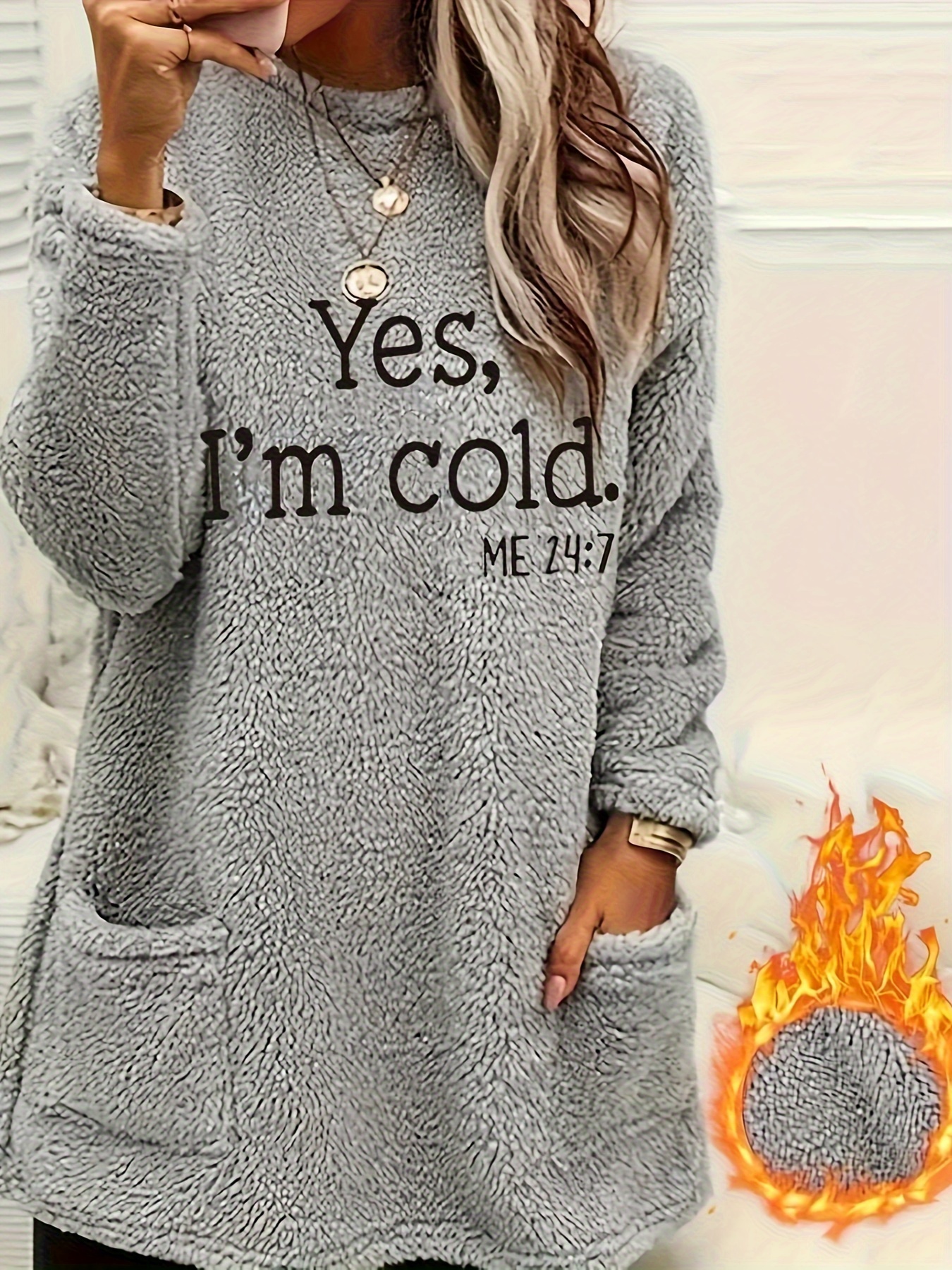 Women's "Yes I'm Cold" Print Fleece Sweatshirt - 100% Polyester Casual Crew Neck Pullover with Pocket Detail, Regular Fit Knit Fabric Style for Fall/Winter