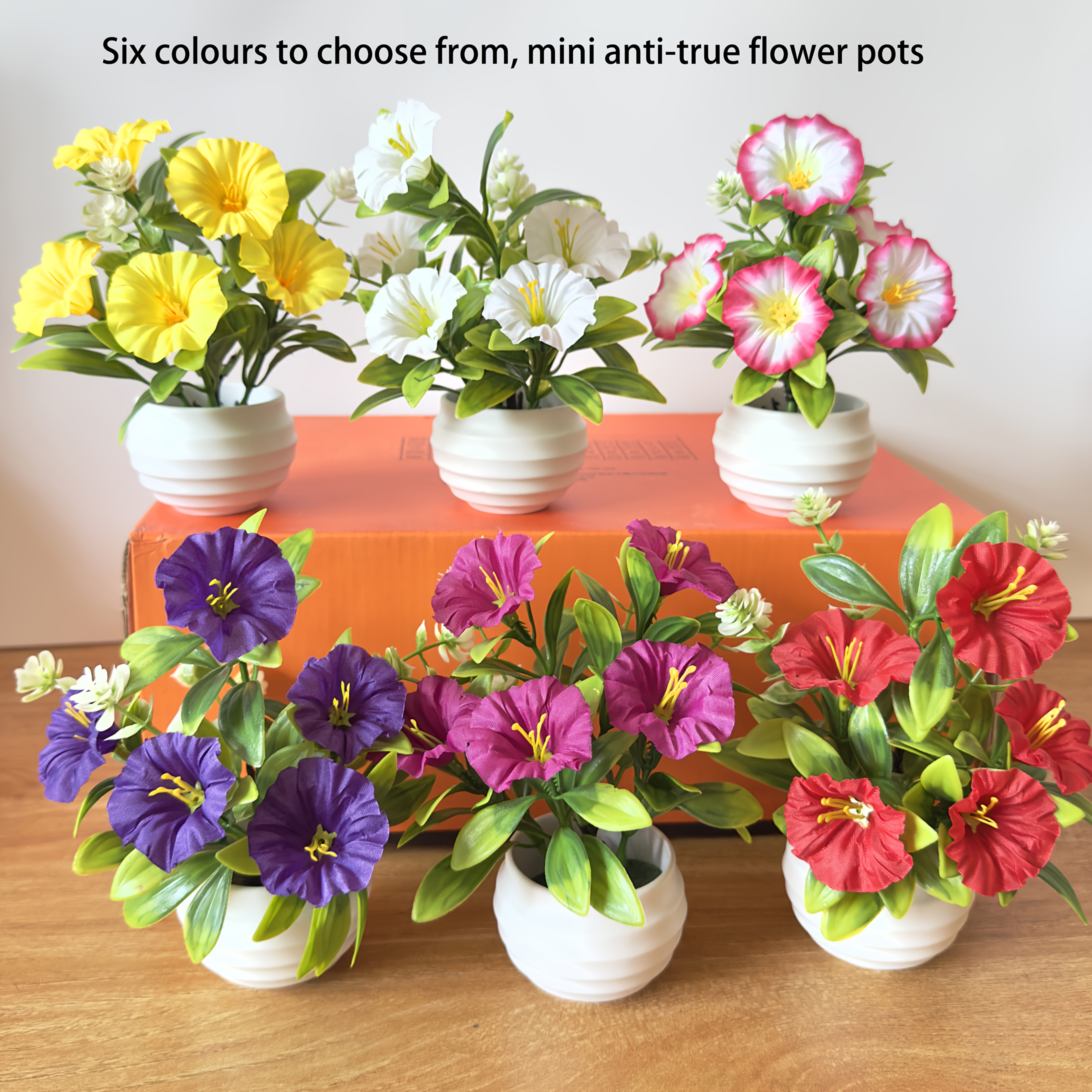 1/6 Set Morning Glory Flower with Pot, Elegant Mini 5 Artificial Flowers Artificial Green Plant Potted Art, Suitable for Home, Hotel And Garden Decoration Tabletop Overall Height 16Cm Small Ornaments (Note: Pictures Appear Large