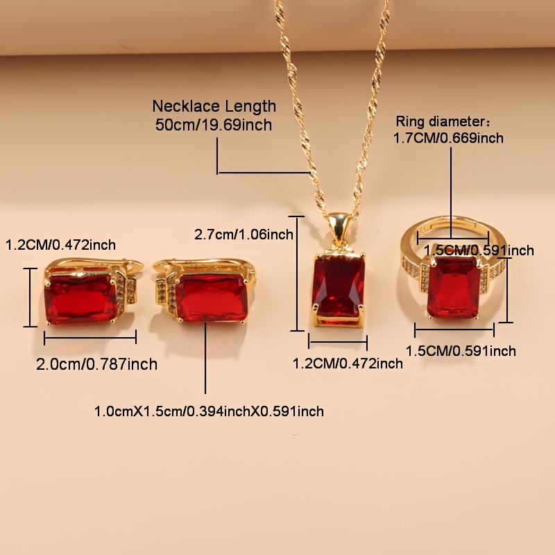 vintage 18k golden plated jewelry set 4 piece   square wedding bridal earrings necklace pendant and ring set for women synthetic zirconia copper no power required ideal for   and   details 5