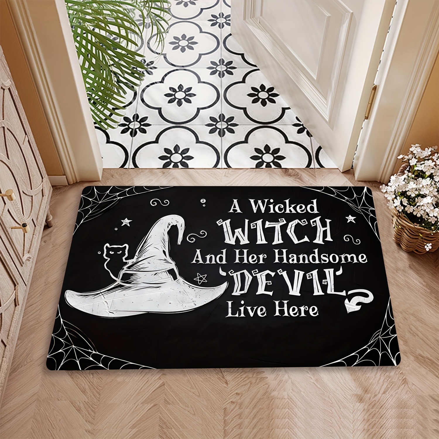 TEMU 1pc Fun "an Evil Witch And Her Devil Live Here" Halloween Doormat, Entrance Mat, Suitable For Kitchen, Bedroom, Living Room, Front Door, Porch