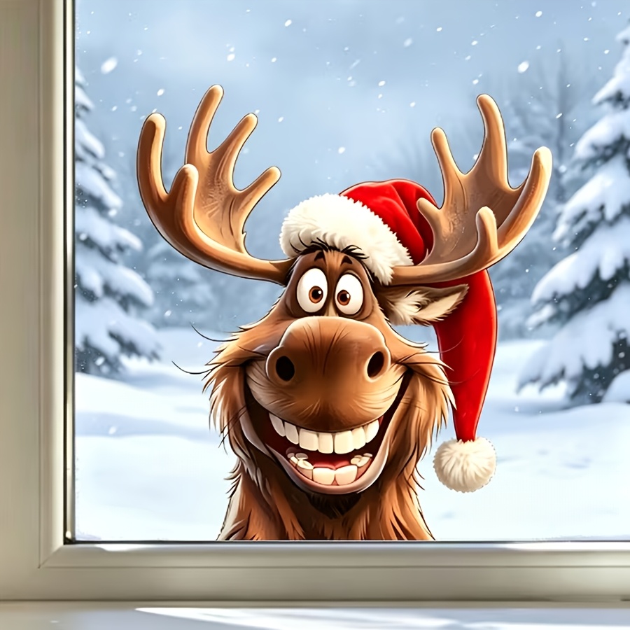 TEMU Fun Peeking Christmas Moose Car Window Decal, Plush Red Santa Hat Realistic Cartoon Moose Print, Double-sided Removable Static Cling Window