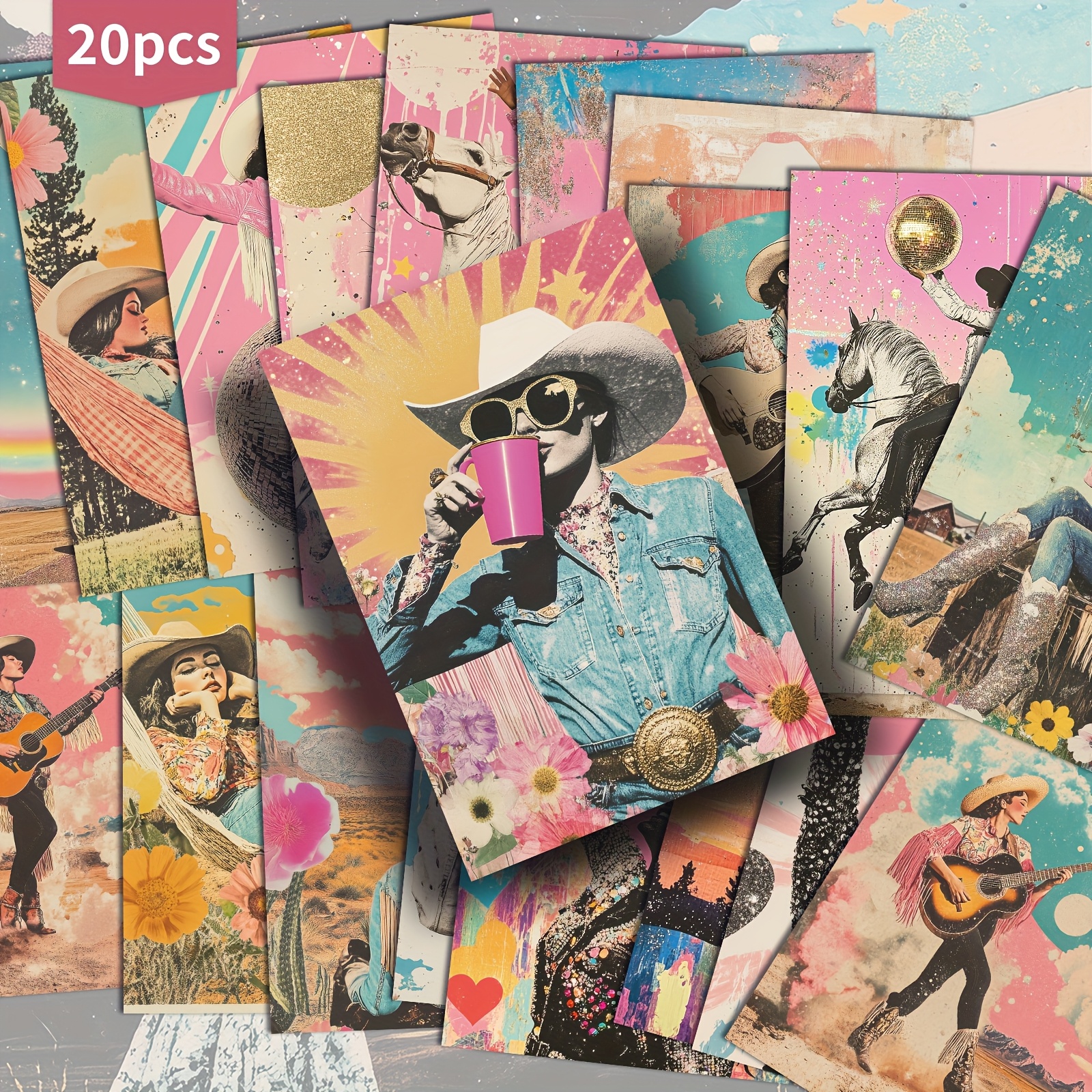 TEMU 20 Pack Western Paper Postcards - 4x6 Inches Vintage Junk Journal Paper, Classic Pinup Illustrations, Collectible Decorative Painting Cards For