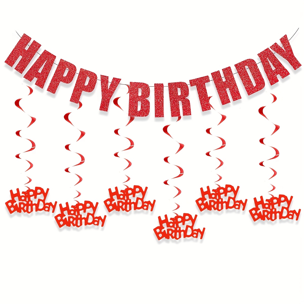 Image of Red Happy Birthday Banner Set, Pre- Glitter Happy Birthday Banner & Swirls, Decorations For Birthday Party Decorations, Red Theme Party Supplies