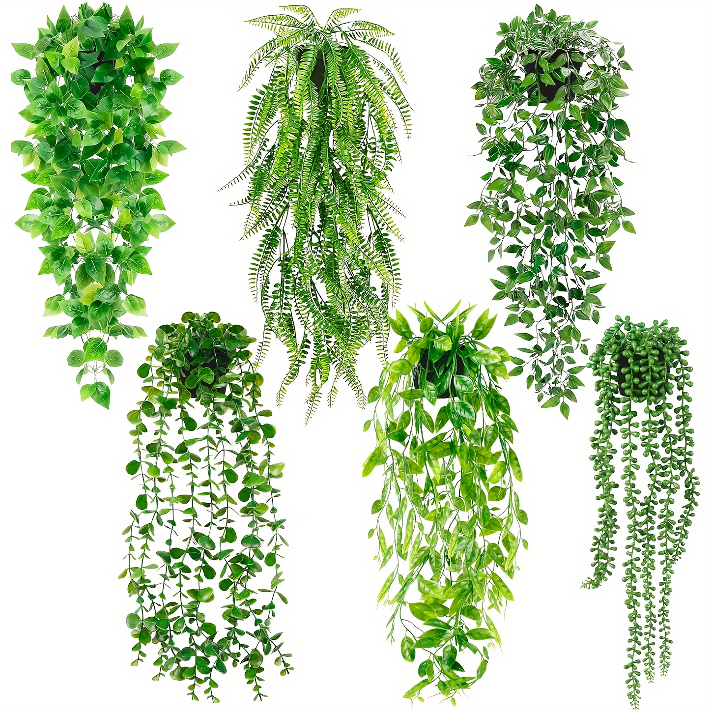 Image of 6 Pack Artificial Hanging Plants For Shelf, Fake Potted Greenery Plant Faux Eucalyptus Vine, Mandala Vine, String Of Pearls, Pea Pod Leaves, Ivy Vine, Persian Grass Fern In Pot For Home Décor