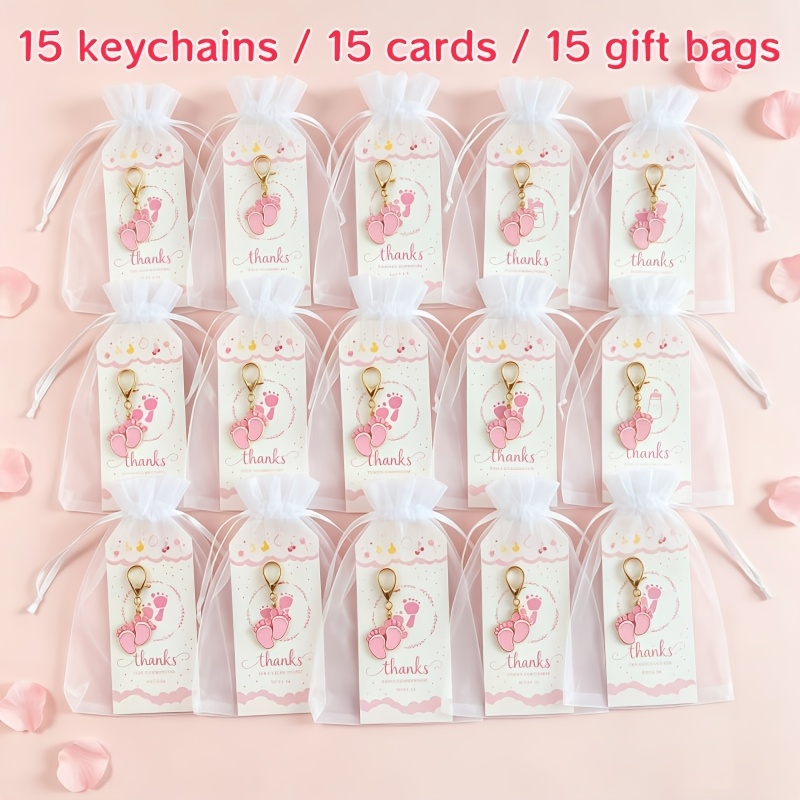 TEMU de 45 pièces/15 ensembles de porte-clés mignons avec de pas roses, comprenant 15 porte-clés, 15 cartes étiquettes de vêtement et 15 sachets en