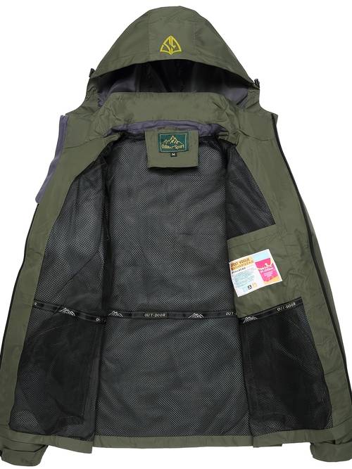 mens wind resistant softshell jacket with full length zipper designed for spring and autumn outdoor activities including camping travel sports and features a removable hood for