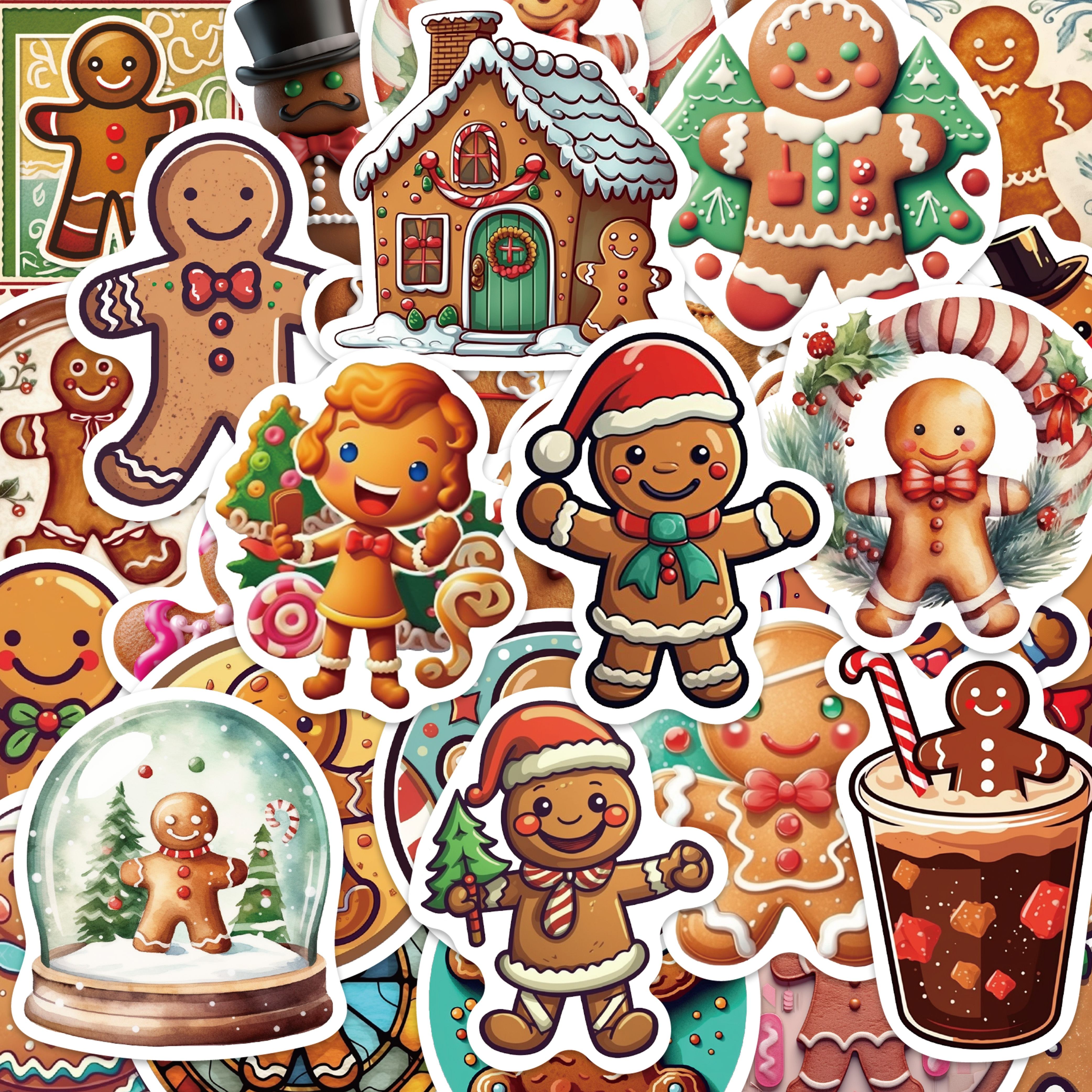 50-Pack Gingerbread Man Stickers, Cartoon Holiday Decals for Guitar Skateboard Luggage Fridge Laptop Phone Case, Christmas Thanksgiving Gift, Irregular Shape, Matte Finish, Self-Adhesive, PVC, Reusable, for Plastic & Glass Surfaces, Brand GUTBD