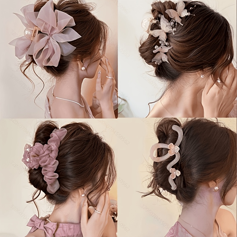 TEMU 4pcs Elegant Pink Hair Clip Set For Women, Shark Clip For Updos, Mesh Bow, Dynamic Pleated Mesh, Wavy Magnolia 4pcs Hair Clip Set