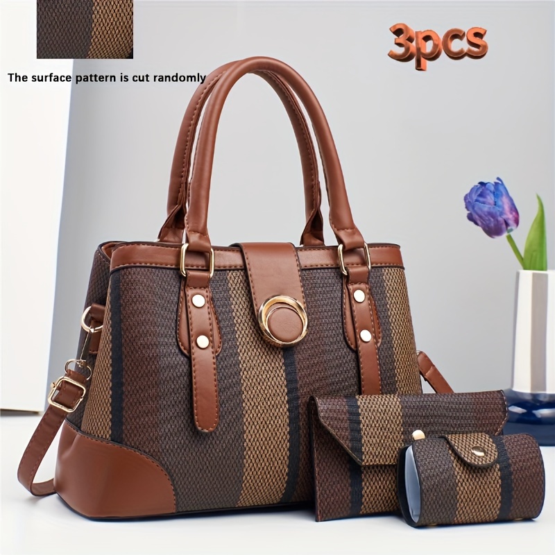 

Chic 3pcs Women's Bag Set - Classic Striped, Fashionable & With Detachable Strap, Zip Closure - In Khaki, Coffee, Light Brown, Cream, Red, Blue, Black