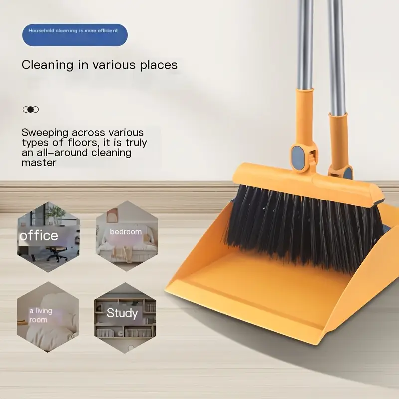 1 set heavy-duty rotatable broom and dustpan with long handle, ergonomic grip & rotating mechanism - heavy-duty floor sweeper system with removable dustpan & broom heads for hard floors, carpet-like - ideal for home, kitchen, office, back-to-school cleaning - space-saving design (white/black, blue, orange, red, grey) - compatible with trash bags, broom with dustpan, hard bristle broom for cleaning, outdoor pavement sweeper and dustpan, sweeper broom, Product details 5