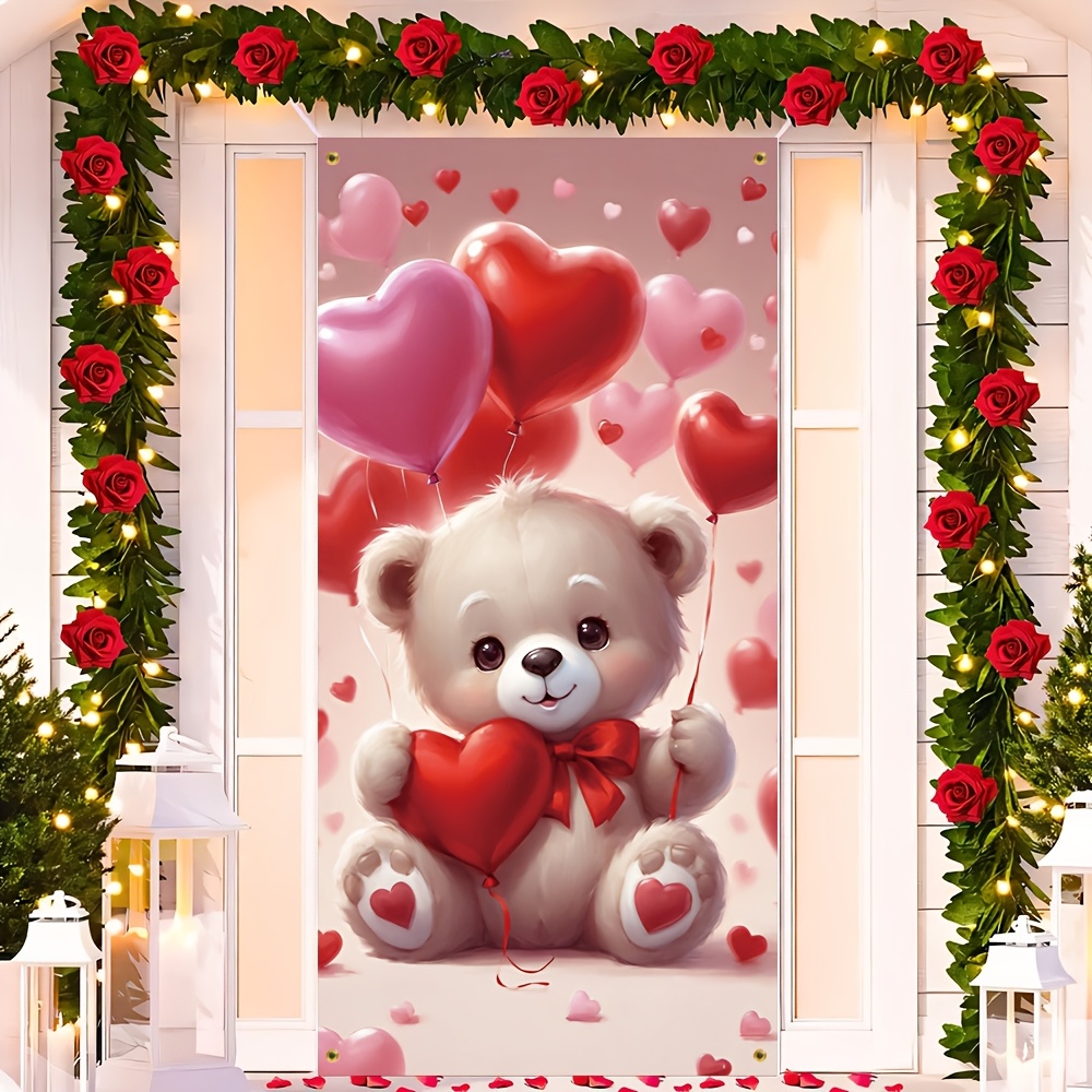 

2d Door Banner 1pc Valentine's Day Teddy Bear Heart Door Banner, Polyester 100% Party Carnival Decoration, Indoor/outdoor Use For Entryway, Room, Garden - 70.8x35.4 Inches