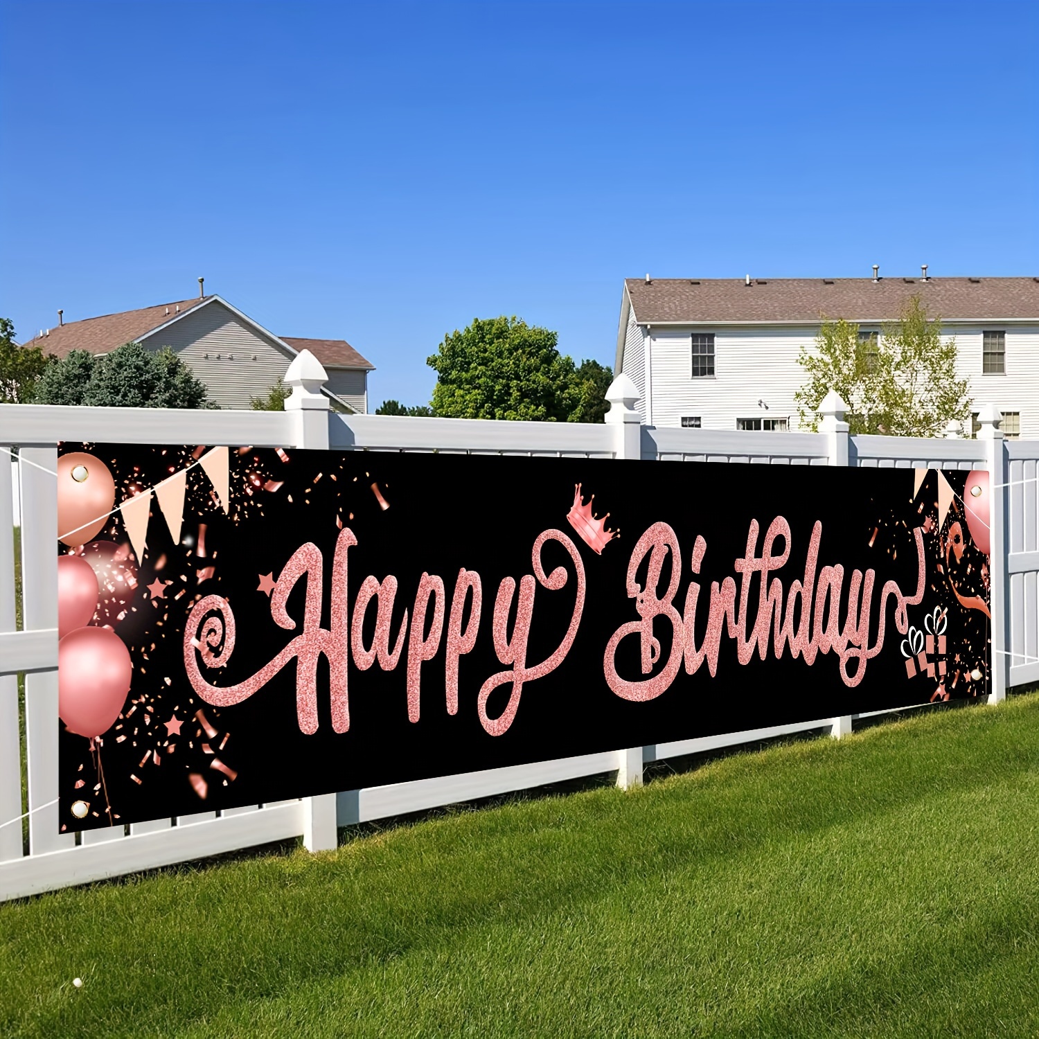 

1pc Colorful Happy Birthday Yard Banner Sign With Brass Grommets And Hanging Rope Birthday Party Outdoor & Indoor Party Decoration Banner Rose Golden And Black