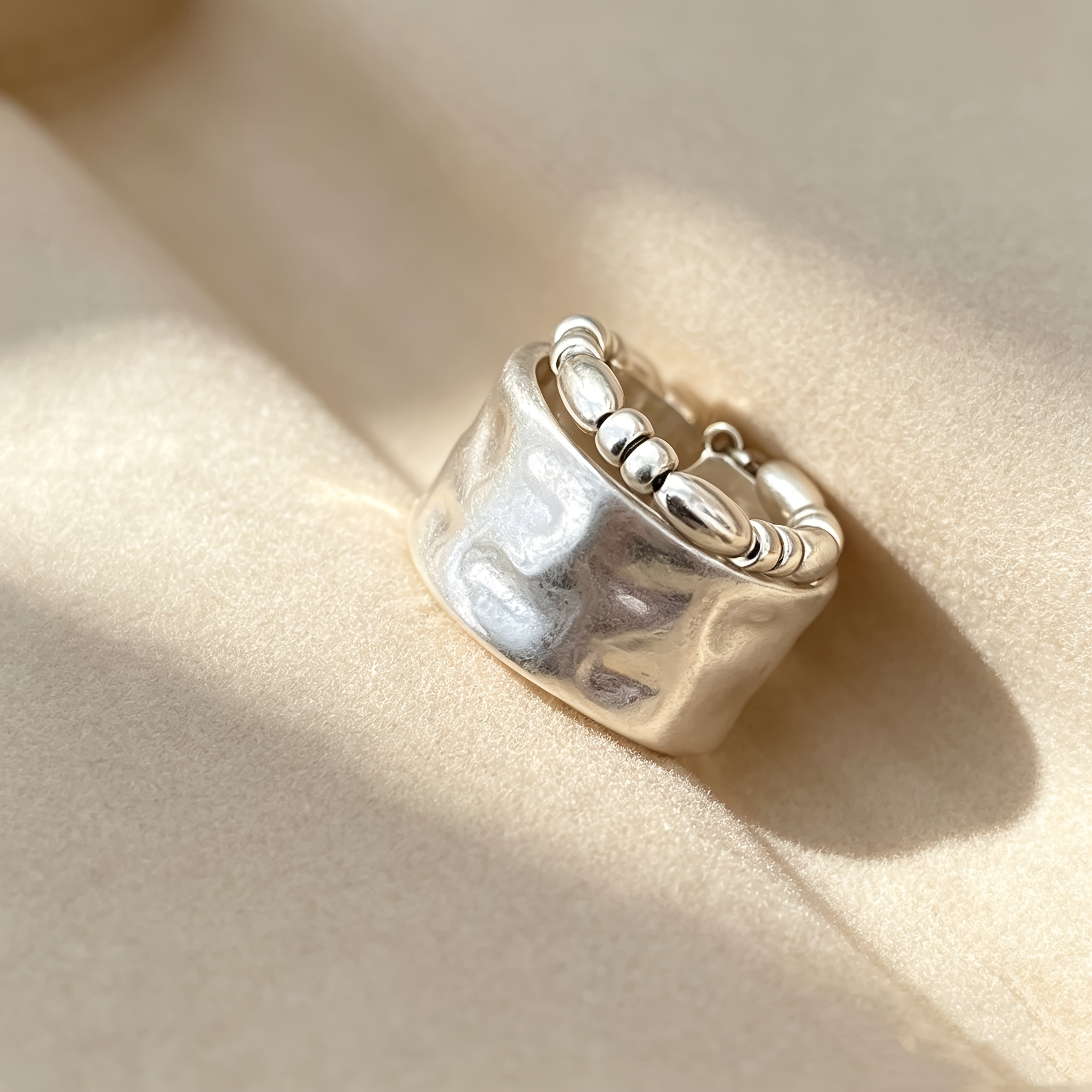 TEMU Anillo de mujer retro con de , ancho y plateado, ajustable, banda irregular de , estilo Ins, anillo diario para combinar, plateado mate