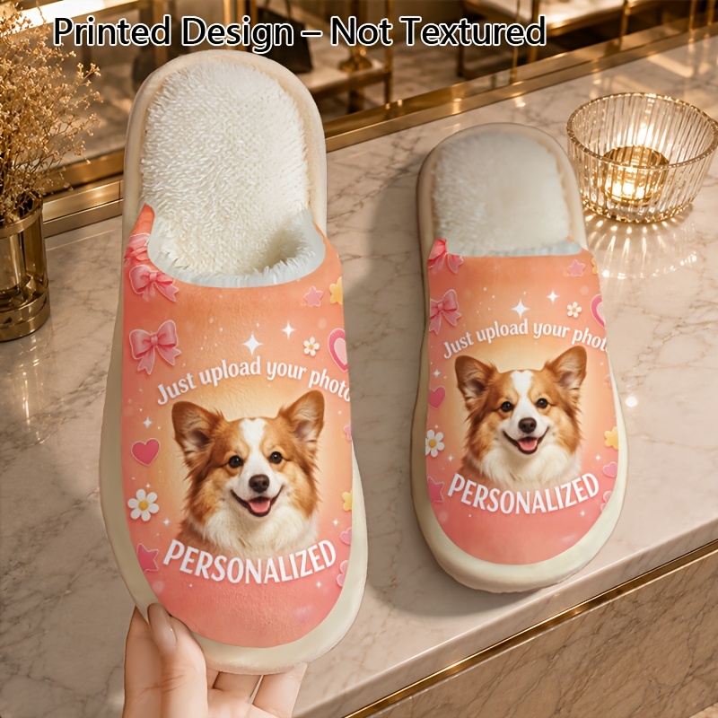 TEMU Printed Design, Not Textured. Personalized Pet Photo Customization. Slippers. Photos And Text. Custom Printing On Demand. Optional Holiday