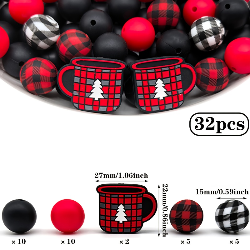 TEMU 32pcs Silicone Beads, Fun Christmas Cups, With Checked Round Loose Spacer Beads, Suitable For Handmade Jewelry Making, Keychains, And Daily