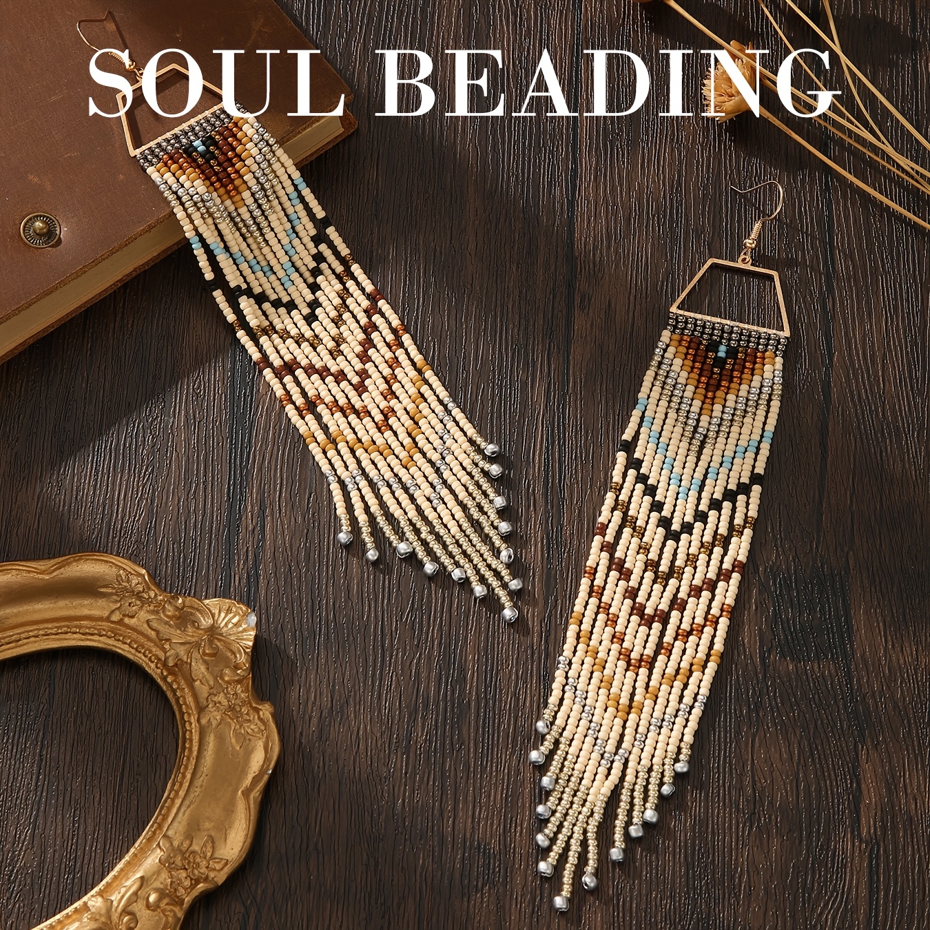 TEMU Soul Beading Bohemian Ethnic Desert Tribal Geometric Beaded Tassel Earrings, Cream Brown Light Blue Black Silvery Frame Drop Dangle Jewelry,