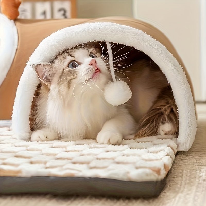 Tunnel pour animaux de compagnie pliable et tout-en-un pour chats, offrant de la chaleur en toutes saisons, avec un tapis pour animaux amovible et lavable
