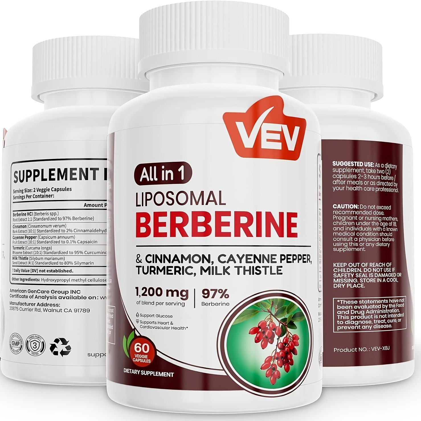 VEV Berberine Capsules with Ceylon Cinnamon, Cayenne Pepper, Turmeric & Milk Thistle Supplement, 1 Bottle