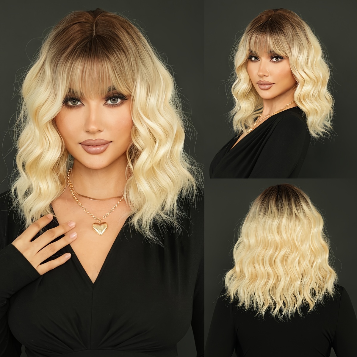 Image of 18-inch Synthetic Wig With A Golden Ombre Blonde Water , Perfect For Daily Wear Or Parties, Featuring High Density And Dark , And Heat Resistant