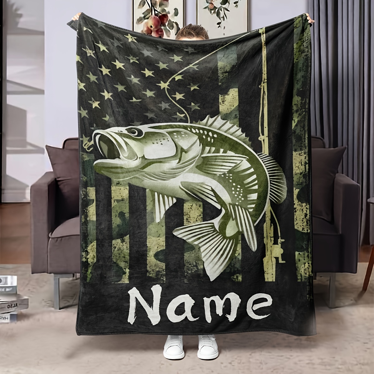 

1pc A Modern Fishing Themed Blanket That Customized - Allergenic, Machine Washable, Rip-resistant Polyester Knit, Animal Print,