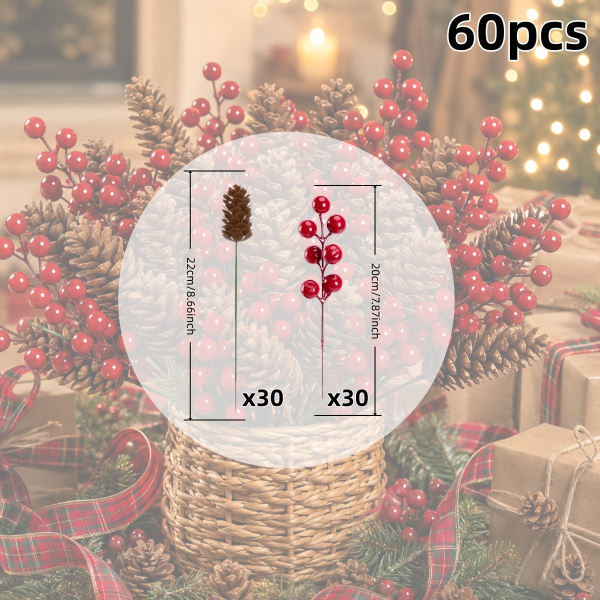 TEMU 60pcs Artificial Pine Branches, Pine Cones, And Ornaments | Realistic Plastic Tree Branch Christmas Tree Decorations | Winter Wedding And Wreath
