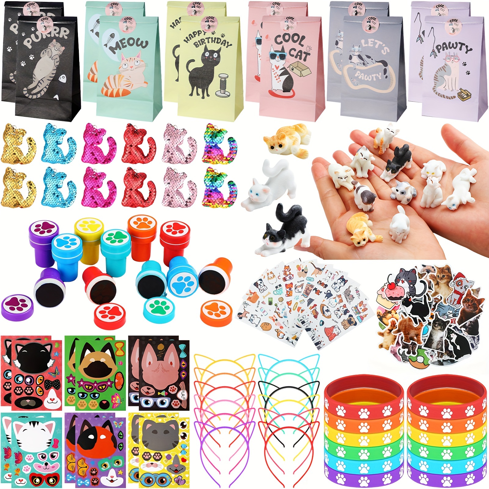 

166 Pcs Cat Party Favor Set Cat Party Supplies Include Cat Toy Sequin Keychain Sticker Silicone Bracelet Headband Expression Stickers Tattoo Stamper Paper Bag For Girls Boys Birthday Party