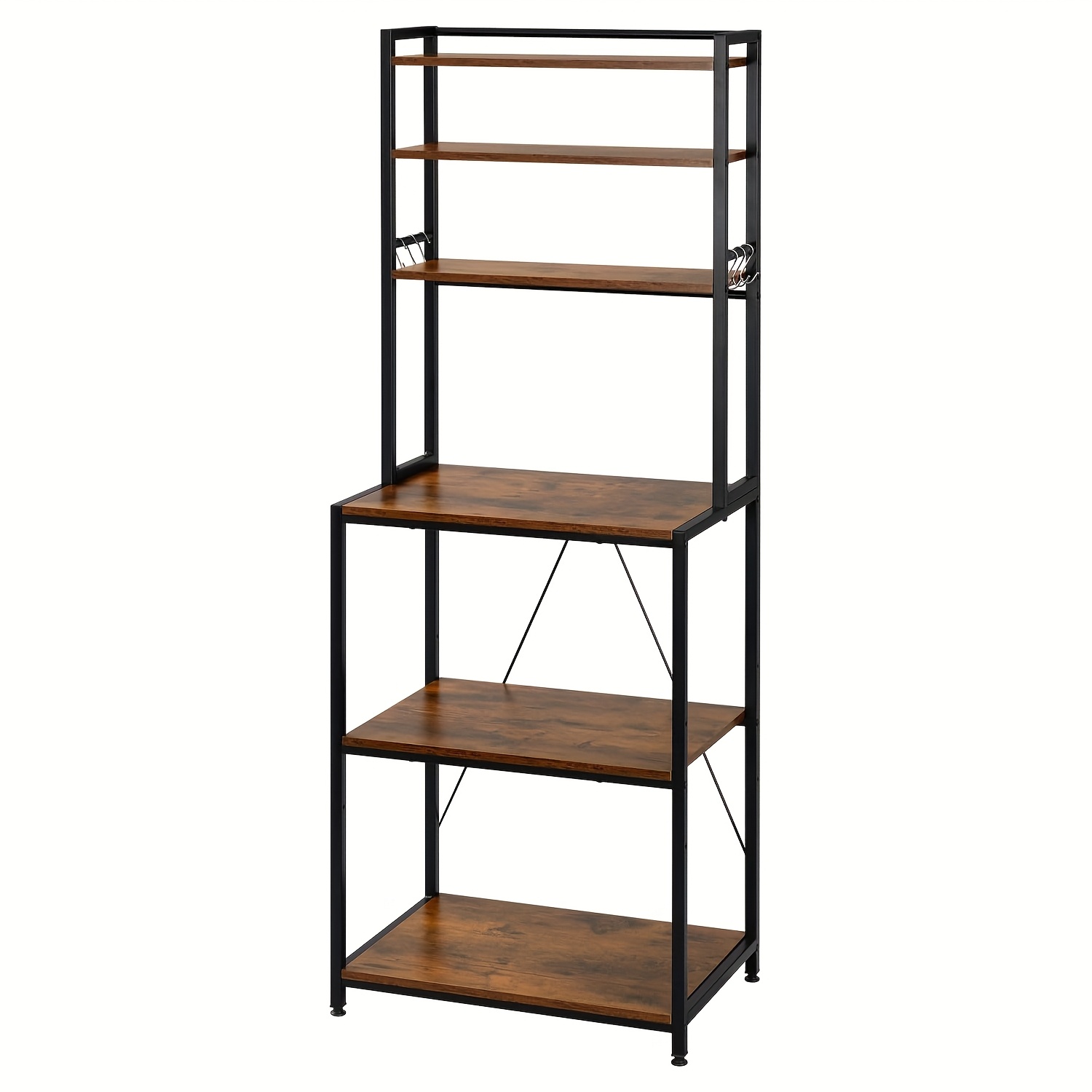 Image of 1pc Kitchen Fixed Storage Rack, Kitchen Shelf, Storage Shelf, 6 Shelves, 6 Hooks, Adjustable Shelf, Metal Frame, Wooden Racks, For Kitchen, Living Room, 60 X 40 X 167 Cm, Rustic /oak Black