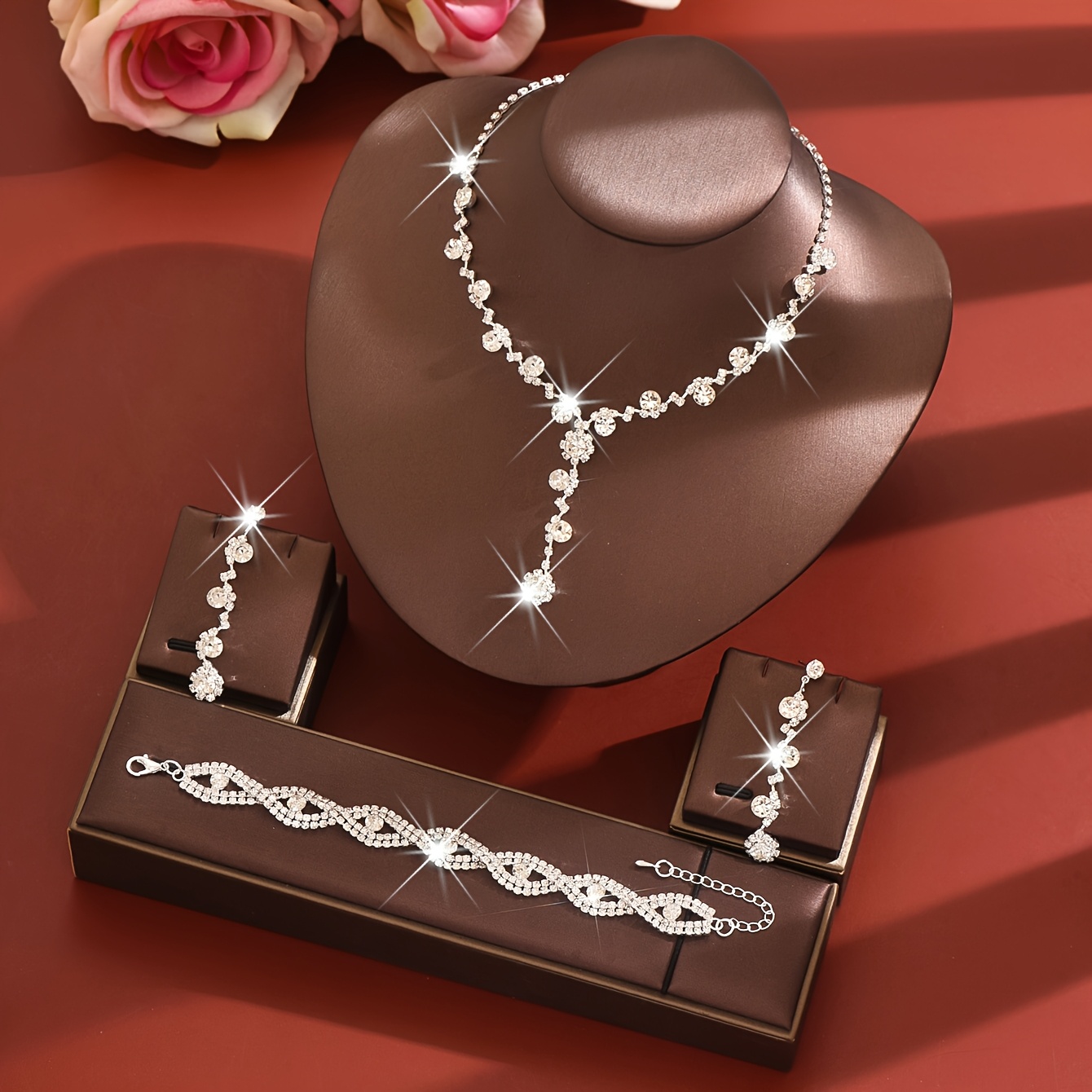 Image of Bridesmaid Jewelry Set, Sparkling Rhinestone Necklace Earrings And Bracelet, Temperament Elegant Very Suitable For Wedding Party And Birthday Valentine's Day Gift
