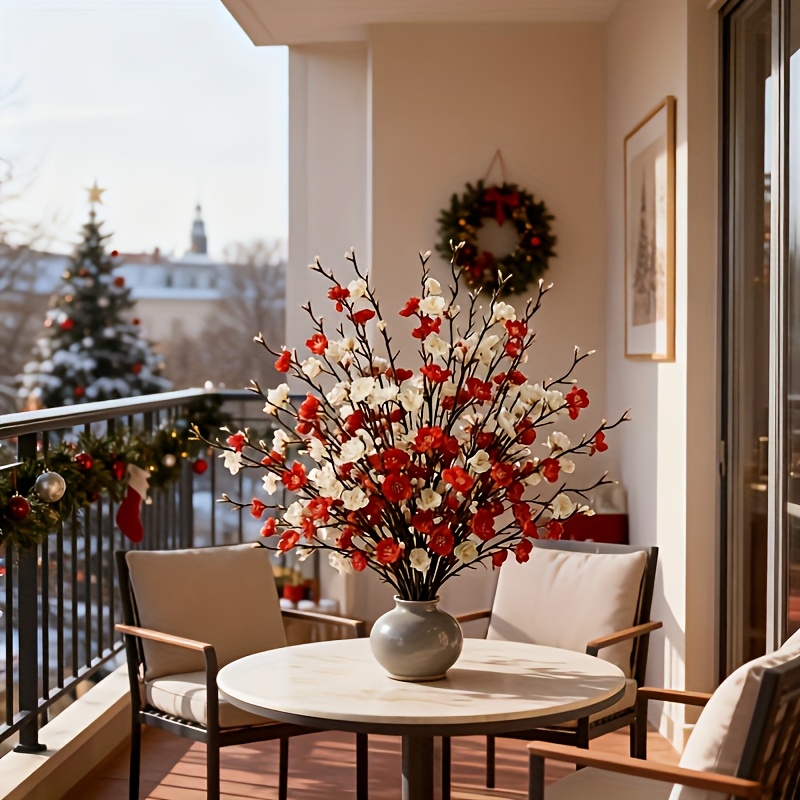 60 Flores de Ciruelo Artificiales en Rojo y Blanco, Empaquetadas en Sets de 6, Ideales para Decoración del Hogar, Salas de Estar, Oficinas, Bordes de Ventanas, Jardines, Arreglos Florales de Hotel, Centros de Mesa de Boda, Manualidades para Fiestas de Compromiso, Regalos de Cumpleaños