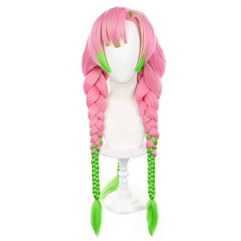 TEMU Anime Wig - Pink To Green Gradient Braided Hair With Adjustable , Easy To Style For Cosplay, Halloween, Music Festivals & Parties - Unisex Adult Costume Wig For , Festival Accessory, Design,