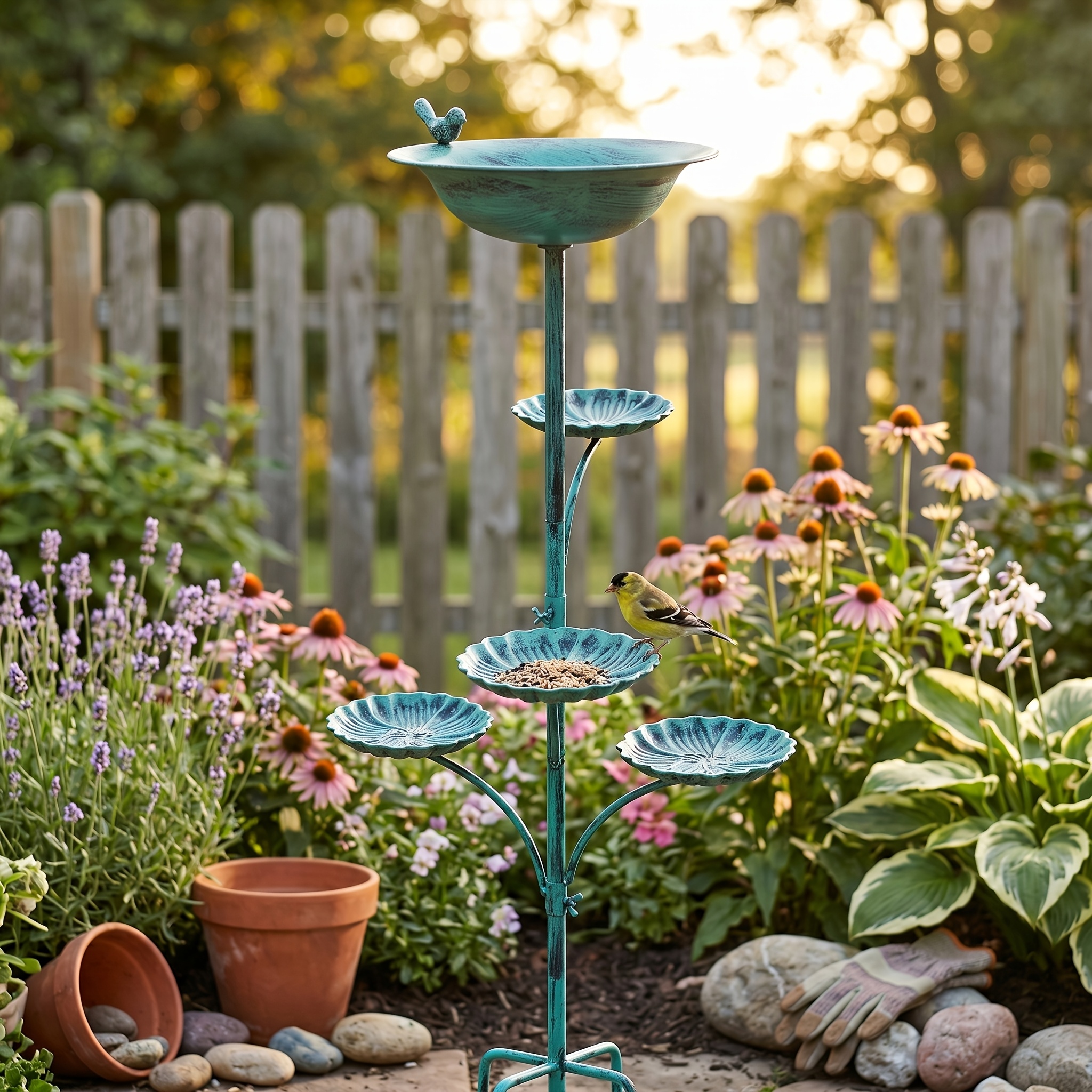 TEMU 【3d】 Vintage Green Metal Bird Feeder And Birdbath, 110cm Tall Stake Style With , Weather-resistant Garden Decor