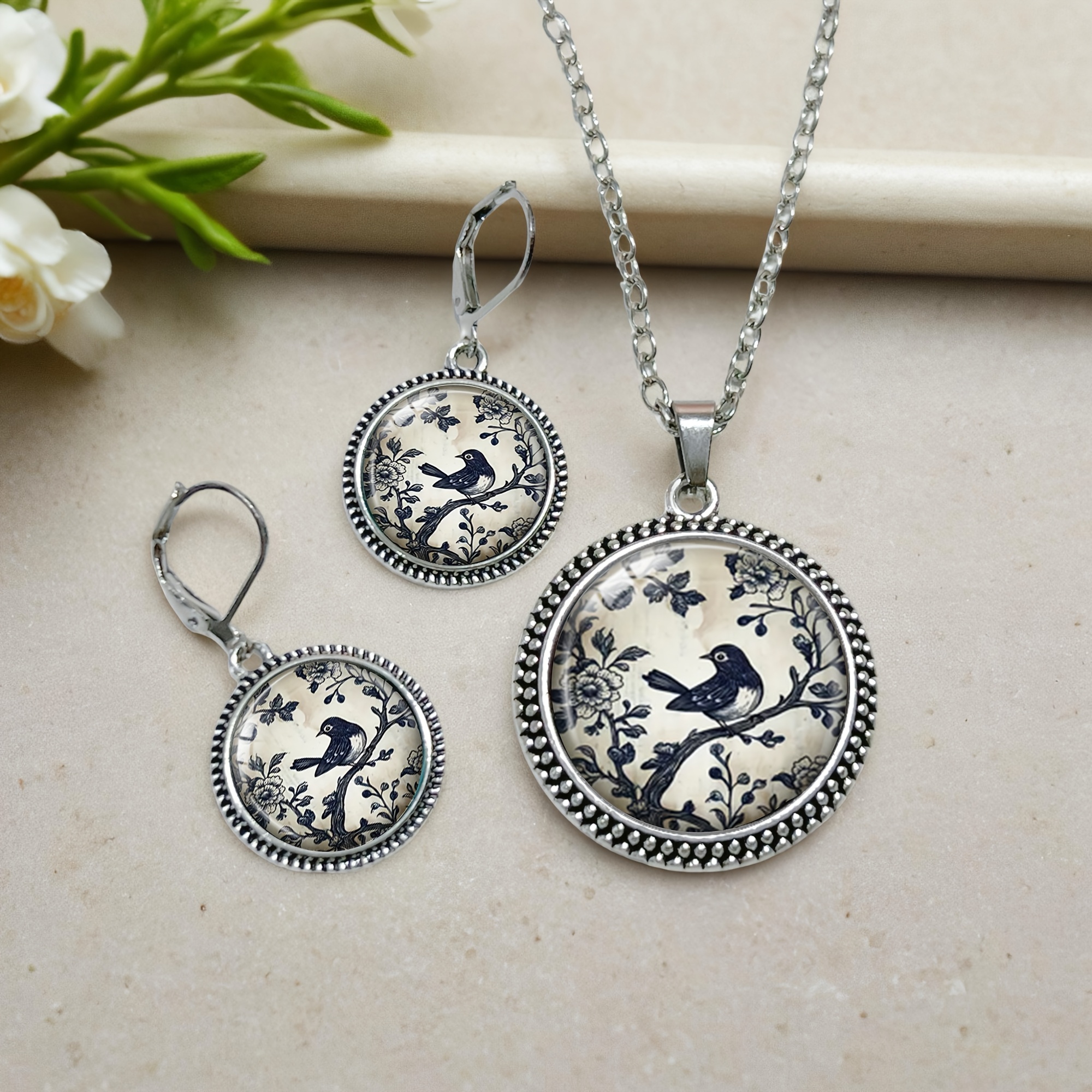 3pc Vintage Bird & Floral Necklace & Earrings Set