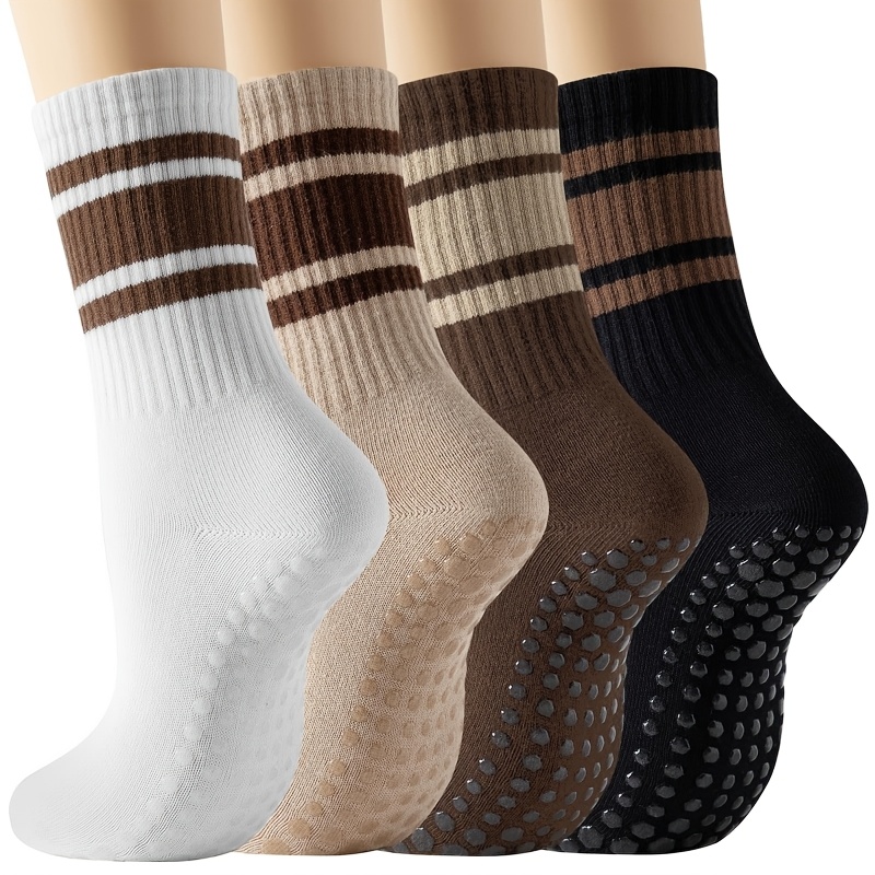 TEMU 4 Pairs Striped Versatile Yoga Socks, Anti-slip Professional Women's Pilates Dance Sports Fitness Floor Socks For Indoor Use, Socks