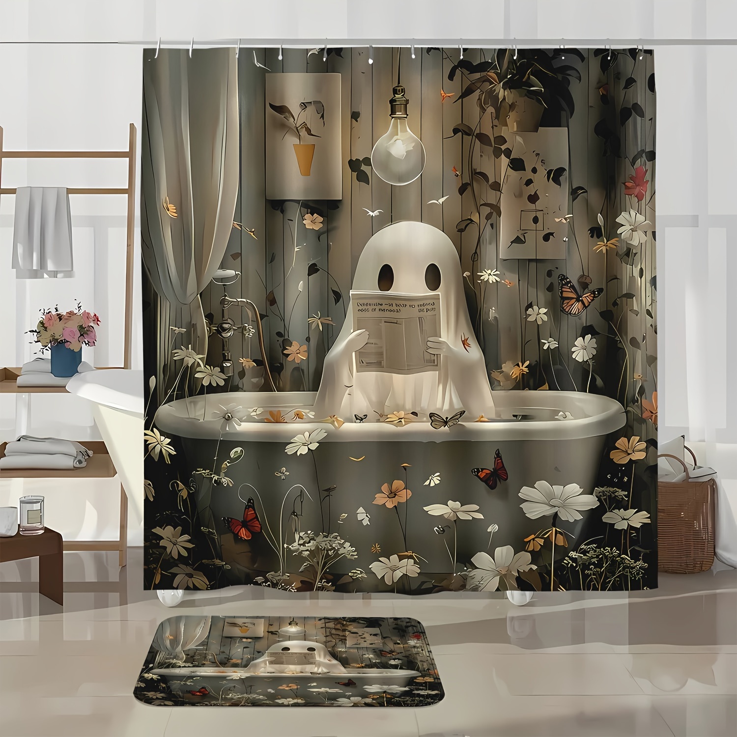 

1/4pcs Halloween Shower Curtain Set, Bathroom Shower Curtain, Bathroom Mat, Carpet, U-shaped Mat, Decoration Accessories, Bathroom Decoration Set, 12 Shower Curtain