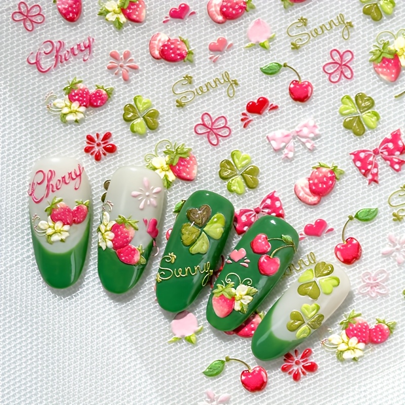 1 Relief Texture Strawberry Nail Art Sticker, With Nail Accessory Materials Such As Strawberries, Clover, Hearts, Flowers, And Vines, Suitable For Women And Women To Diy